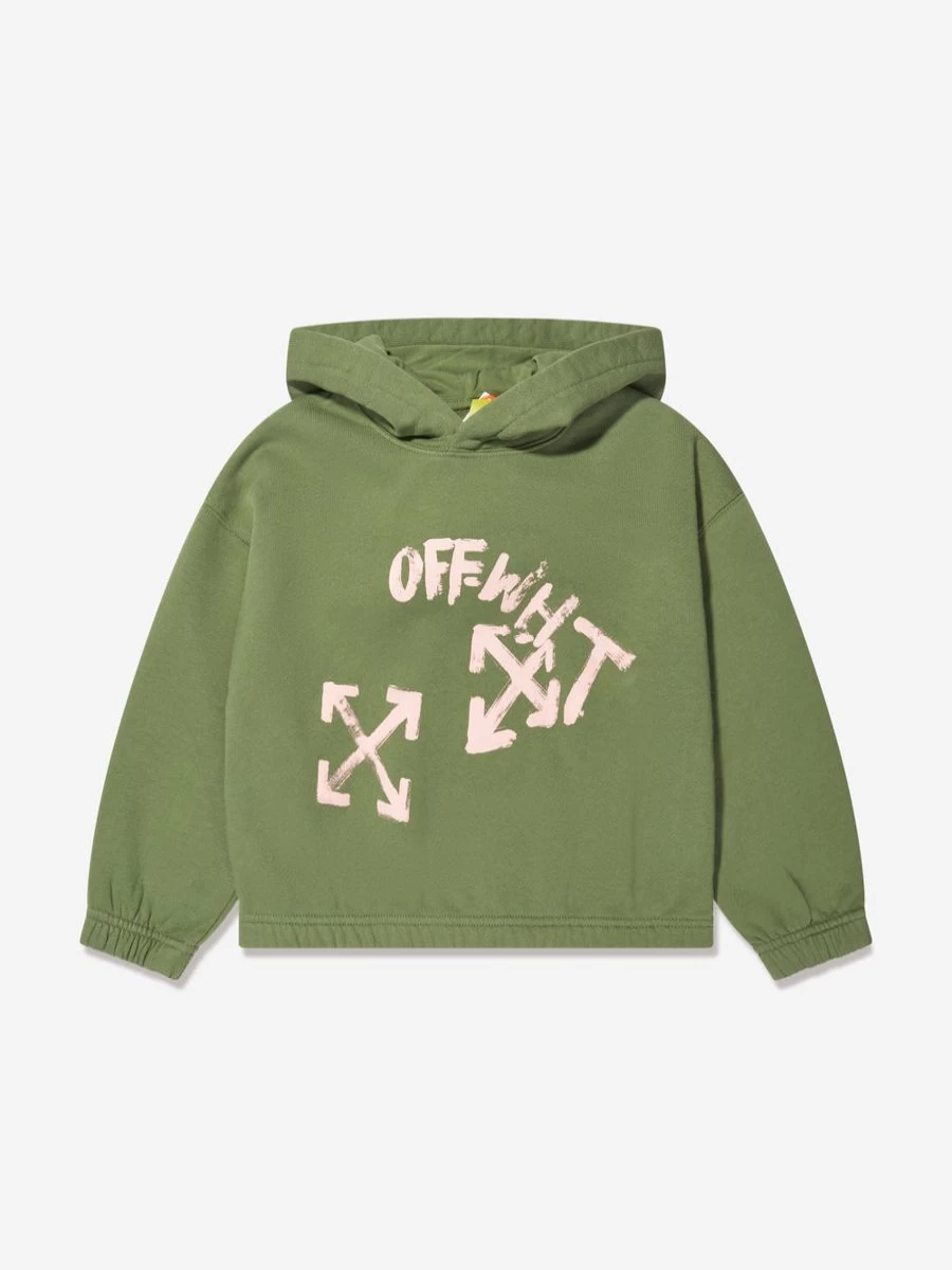 Off-White Girls Green Paint Script Elastic Hoodie - Stylish Streetwear Pullover