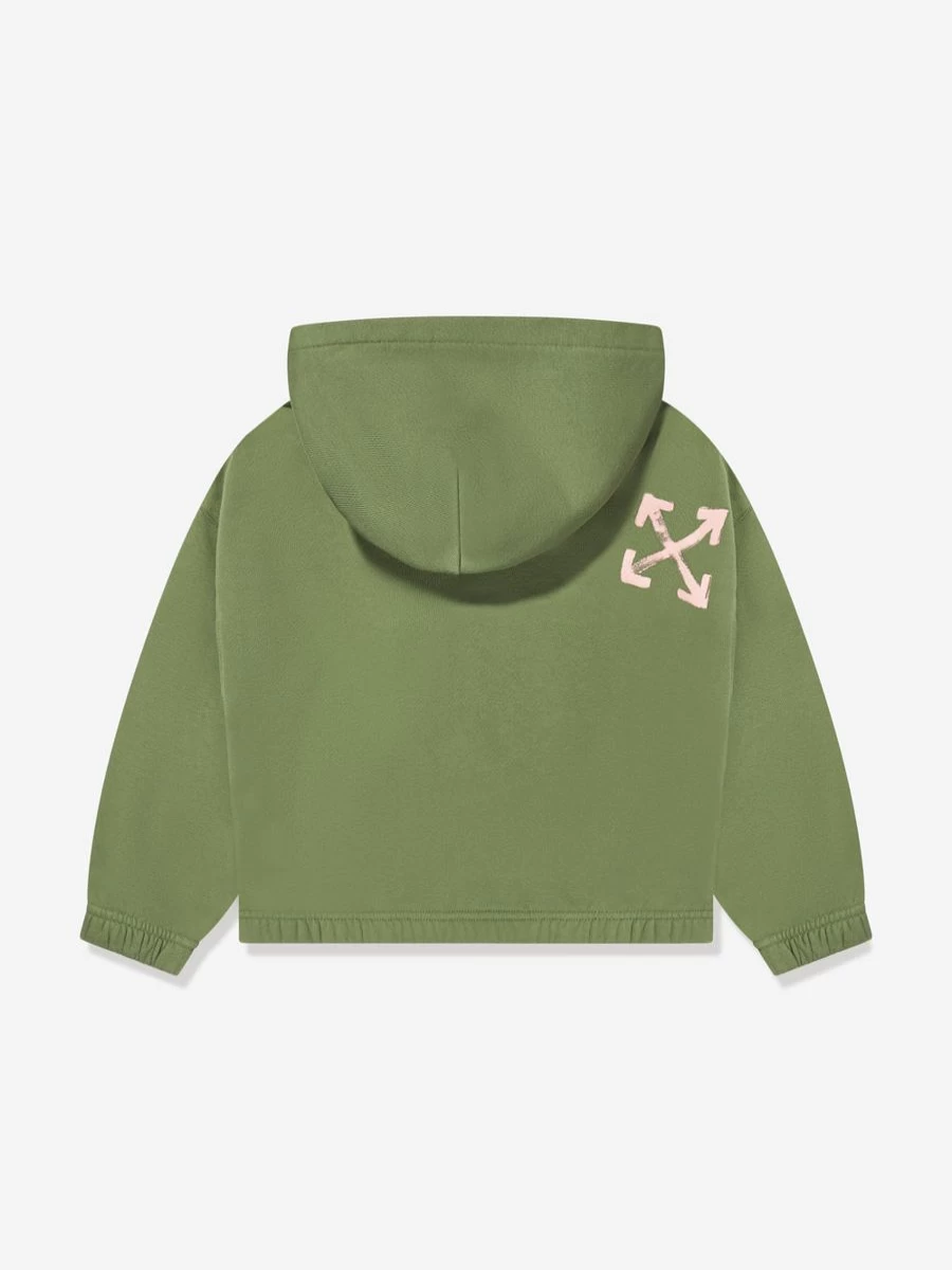 Off-White Girls Green Paint Script Elastic Hoodie - Stylish Streetwear Pullover