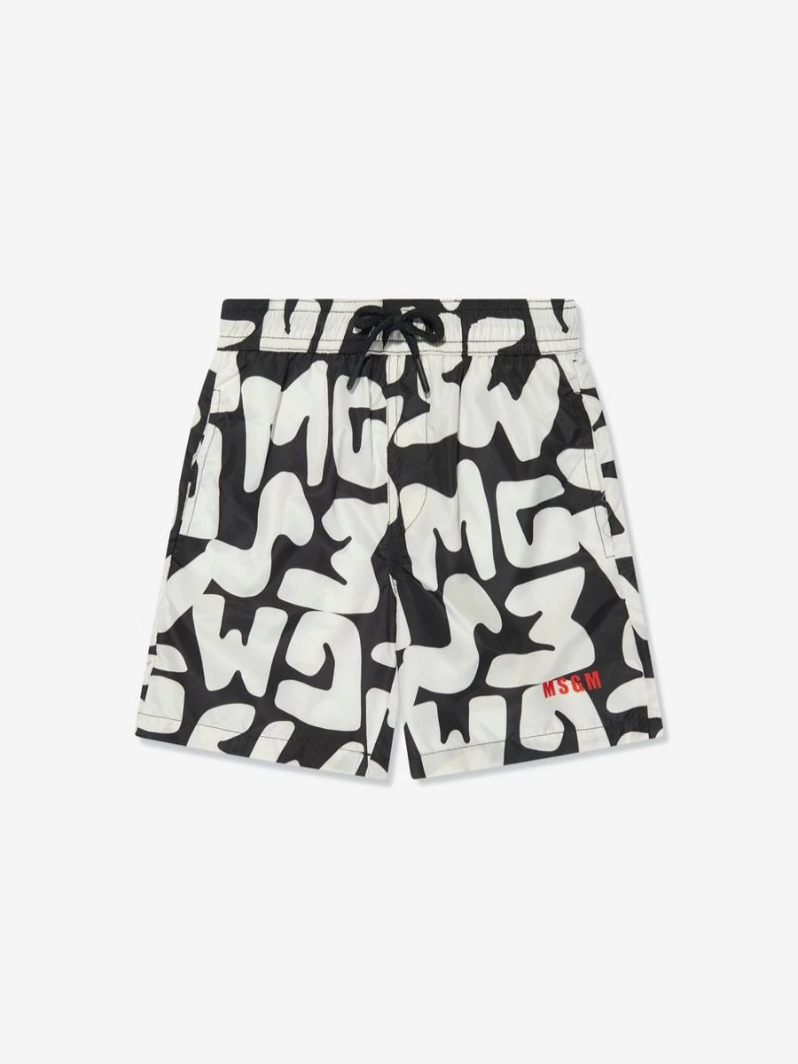 MSGM Boys' Black Logo Print Swim Shorts for Kids