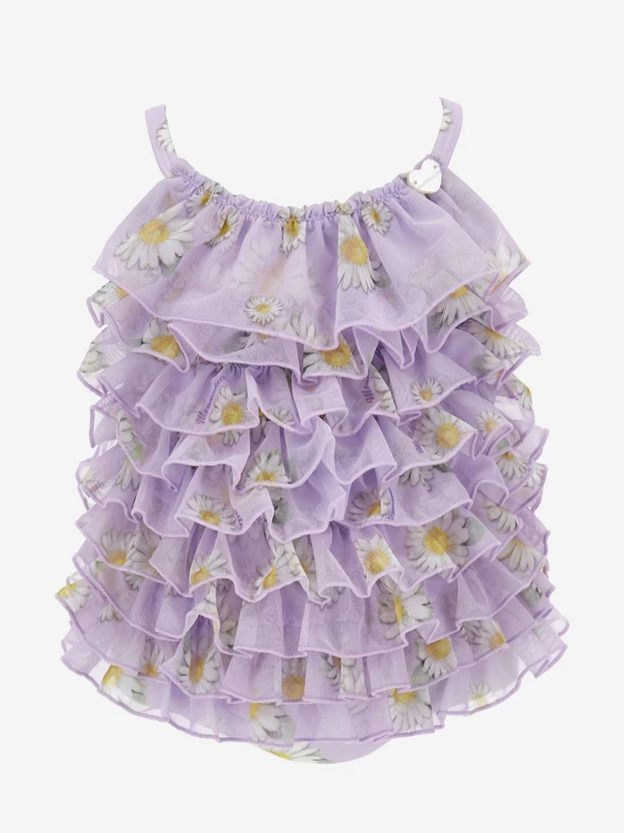 Monnalisa Purple Daisy Tulle Swimsuit for Baby Girls - Floral Print Bathing Suit