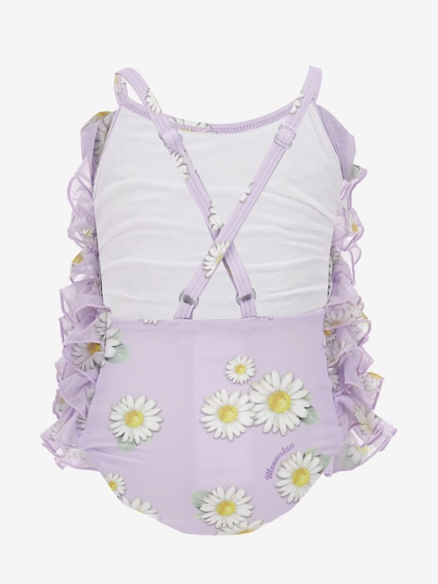 Monnalisa Purple Daisy Tulle Swimsuit for Baby Girls - Floral Print Bathing Suit