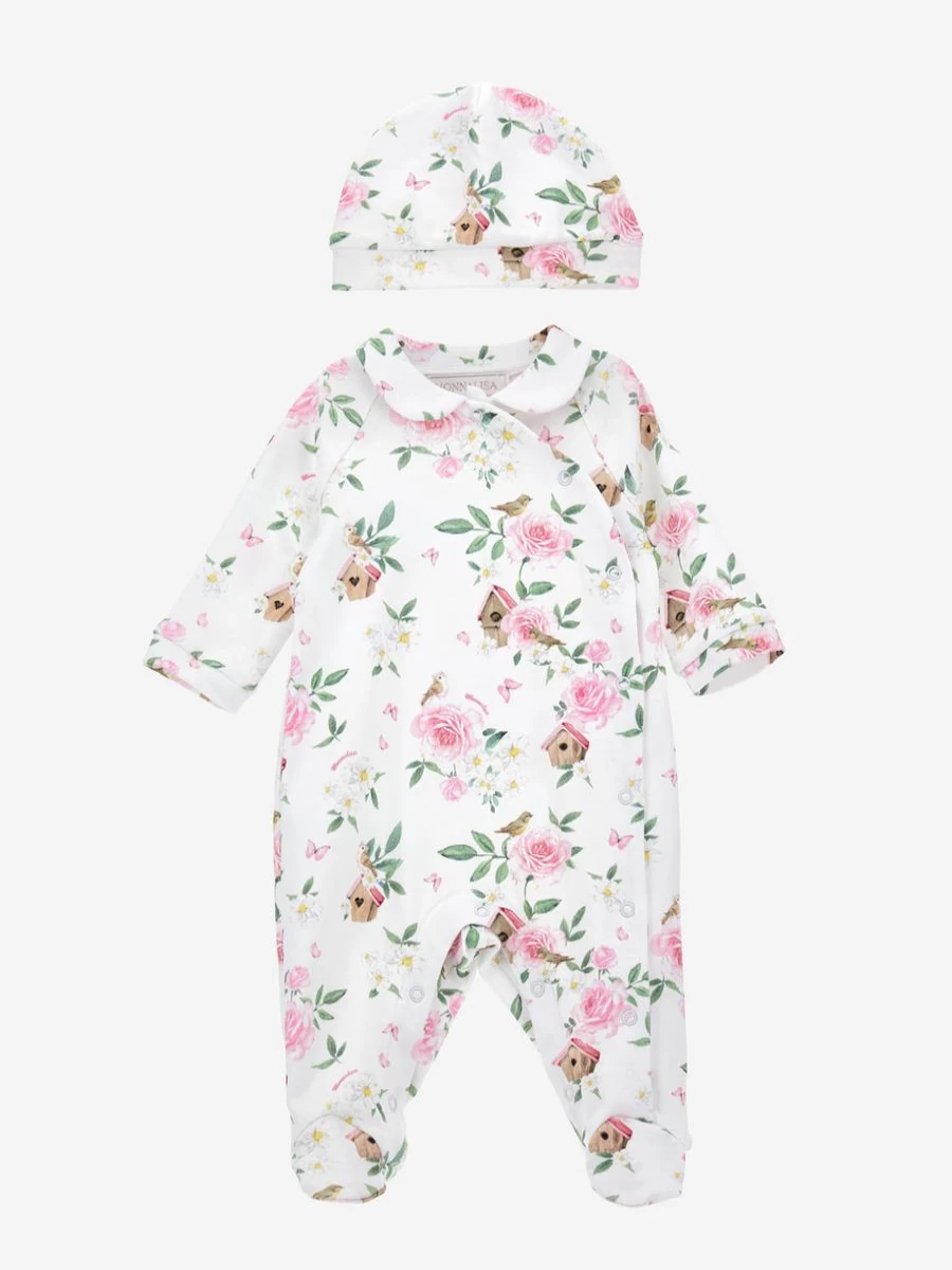 Monnalisa Baby Girls White Rose Babygrow Gift Set for Newborns
