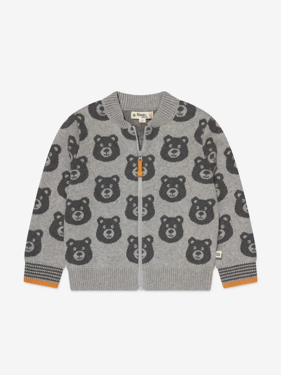 The Bonnie Mob Girls' Grey Bear Cashmere Knit Cardigan for Kids