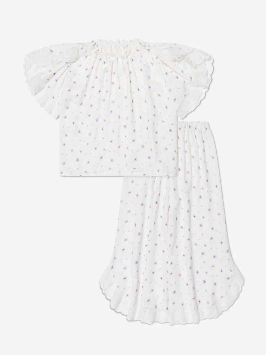 Amiki Girls Lilac Floral Print White Pyjama Set - Comfortable Sleepwear for Girls