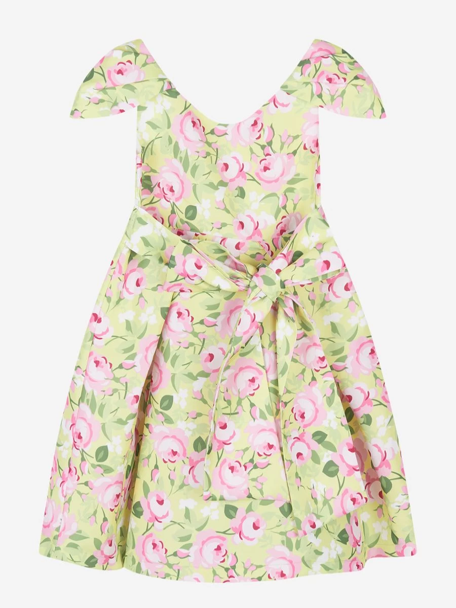 "Mama Luma Yellow Floral Print Belted Dress for Teen Girls"