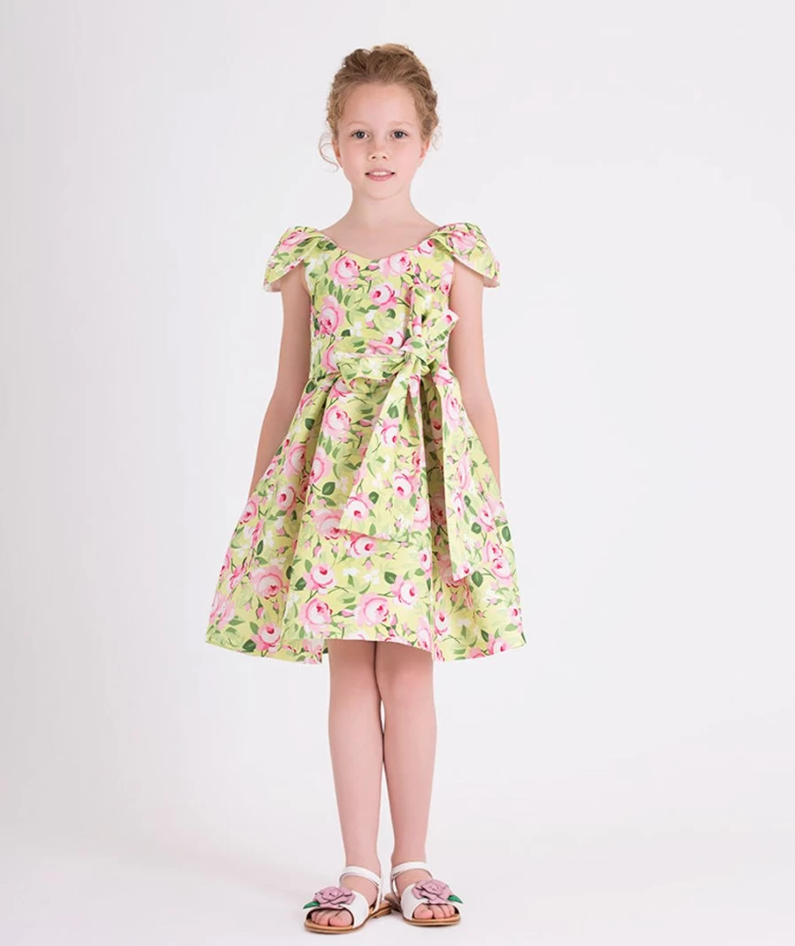 "Mama Luma Yellow Floral Print Belted Dress for Teen Girls"