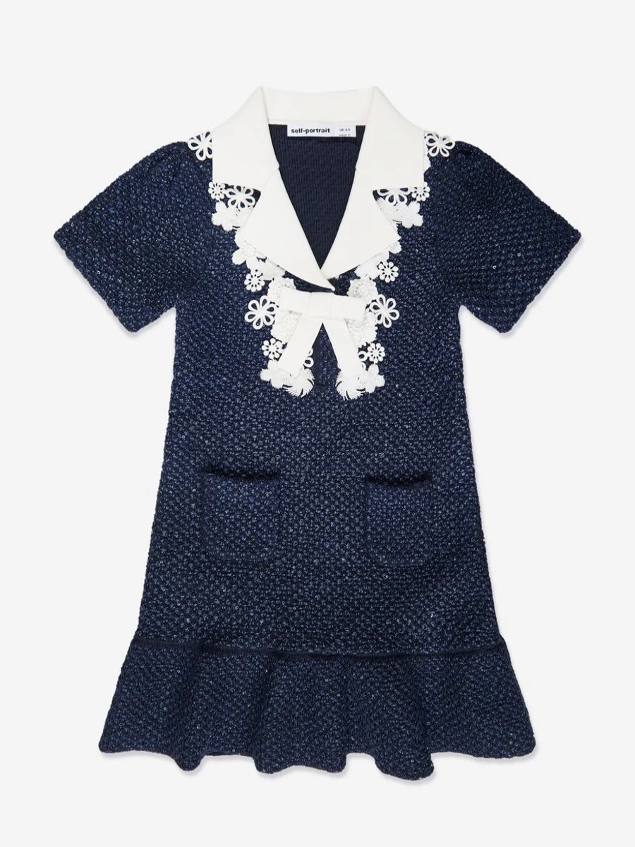 "Self Portrait Blue Sequin Knit Bow Dress for Teen Girls"