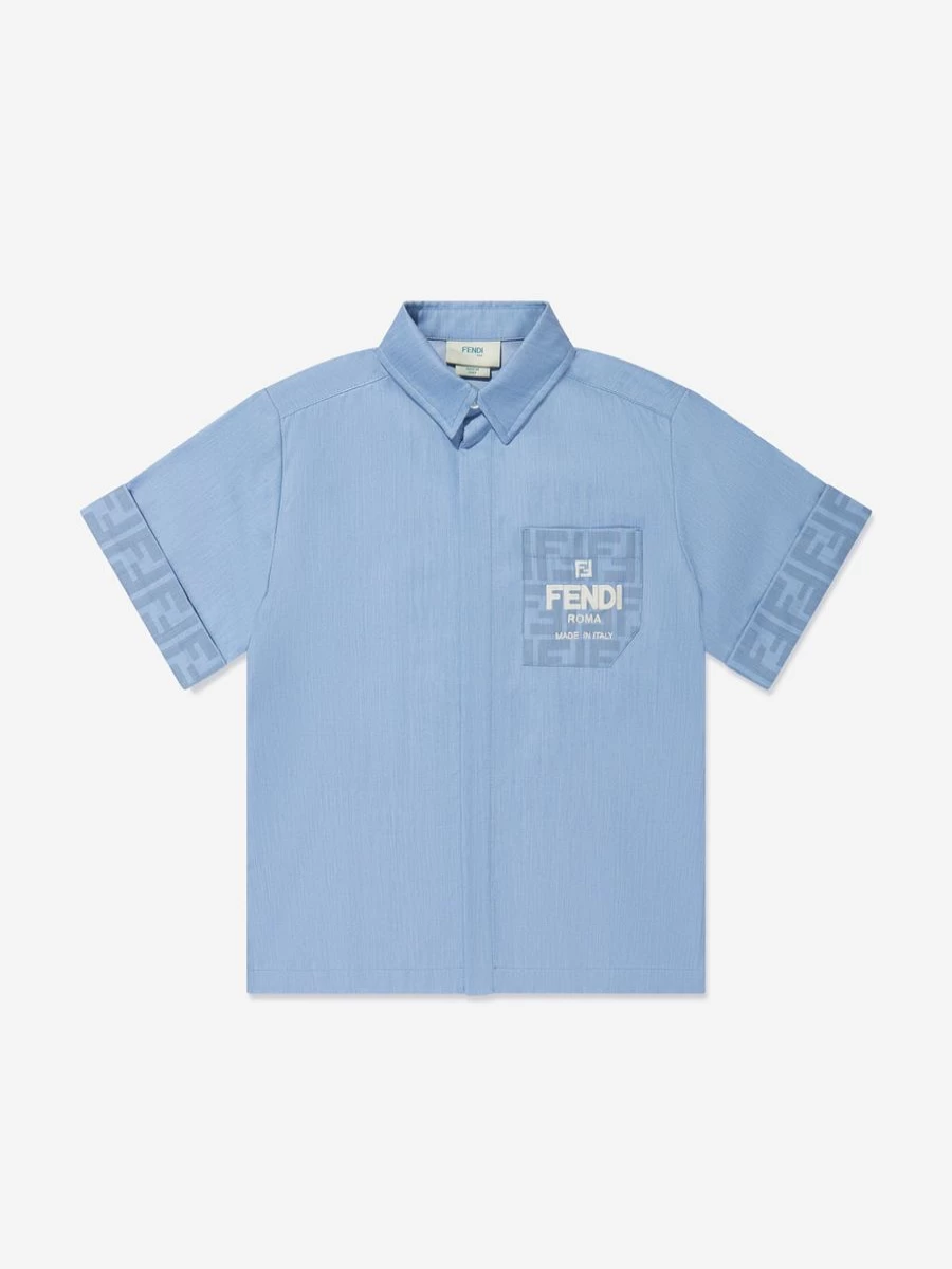 Fendi Kids Teen Boys Blue Chambray Logo Shirt