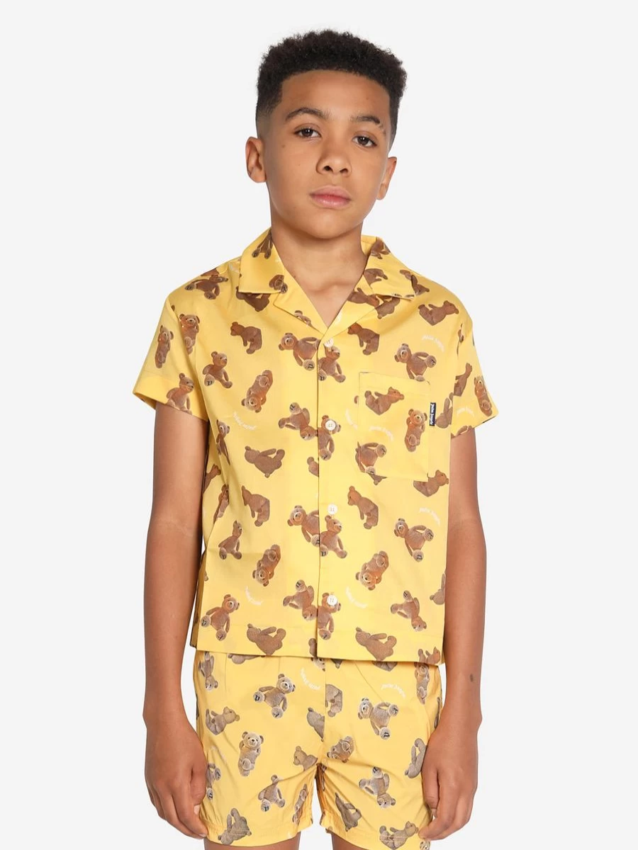 Palm Angels Teen Boys Bear Print Bowling Shirt in Yellow - AOP Design