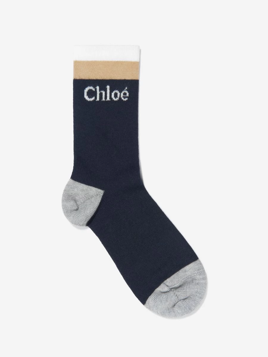 Chloé Girls Navy Jacquard Logo Embroidered Socks Luxury Designer Crew Socks