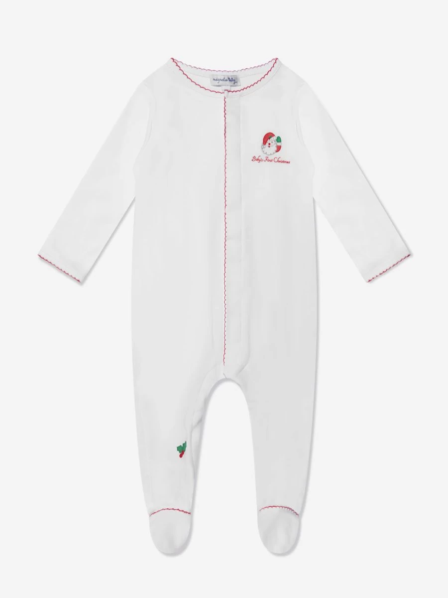 Magnolia Baby Boys Santa Embroidered White Babygrow with Winking Design