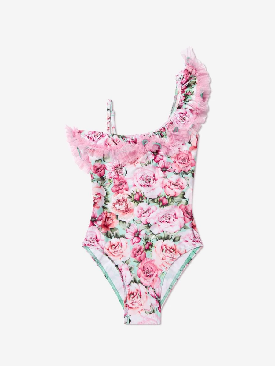 "Selini Action Teen Girls One Shoulder Pink Rose Print Swimsuit"