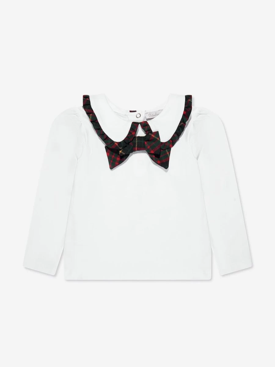 "Patachou Teen Girls White Long Sleeve Tartan Bow T-Shirt"