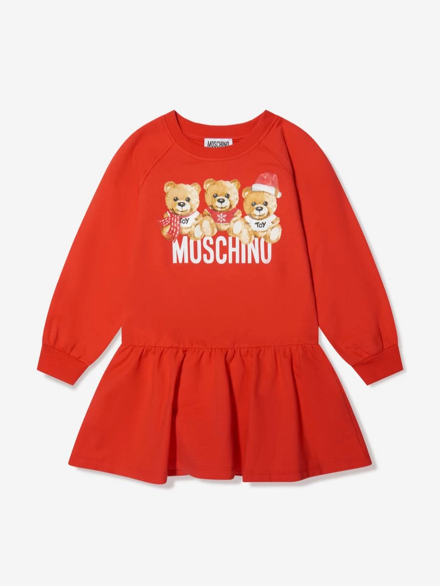 Moschino Kids Red Teddy Bear Logo Sweater Dress for Teen Girls