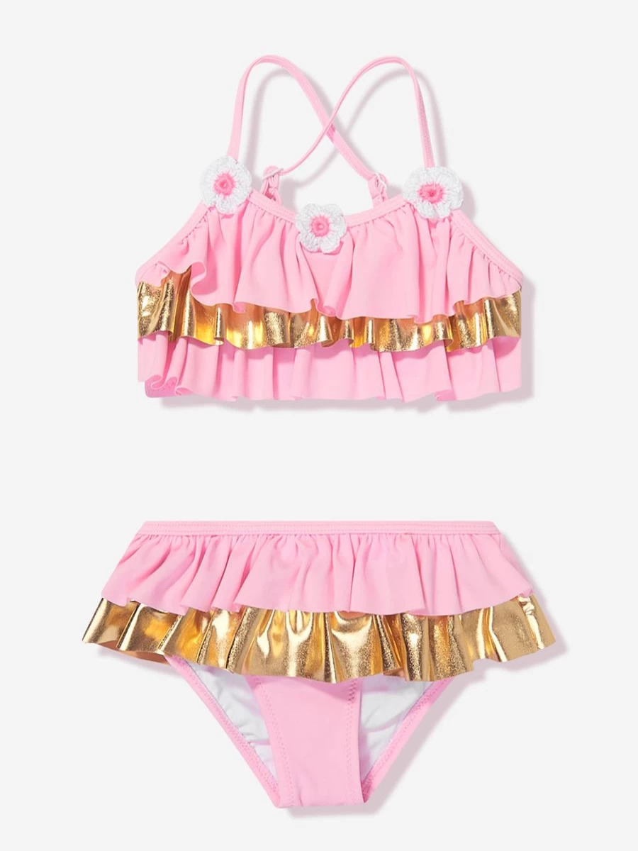 "Nessi Byrd Girls Pink Crochet Flower Bikini - Frilly River Swimwear for Kids"
