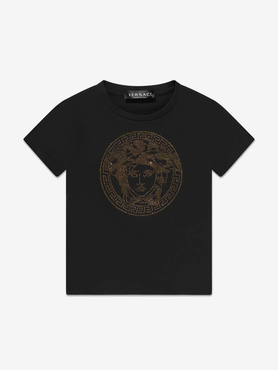 Versace Girls Black Diamante Logo T-Shirt for Kids Fashion