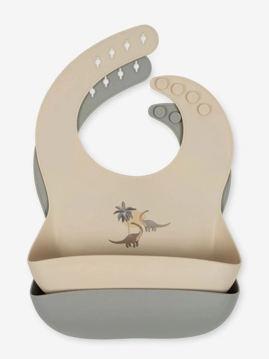 Konges Slojd Baby Dino Silicone Bib Set - 2 Pack Multicolour Feeding Bibs for Infants