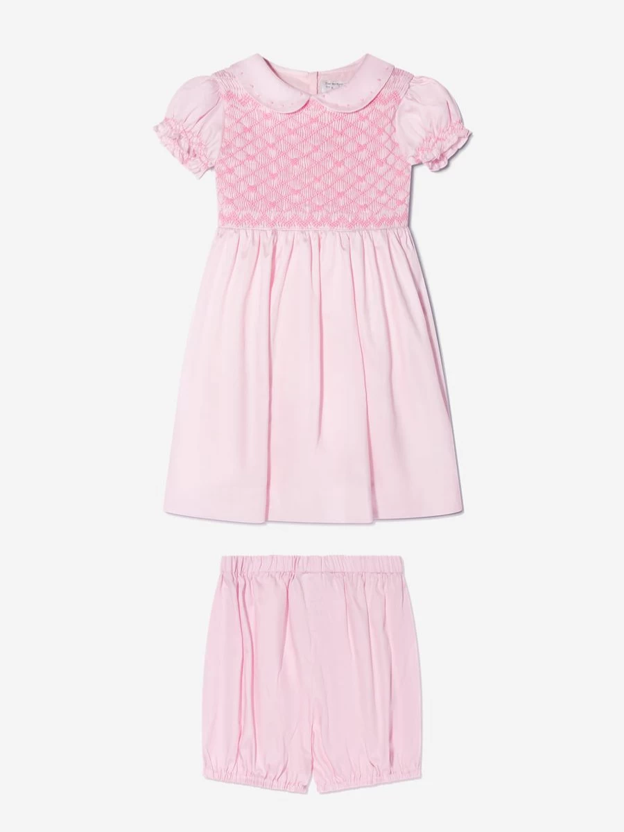 Rachel Riley Baby Girls Pink Smocked Dress with Bow & Bloomers | Elegant Outfit