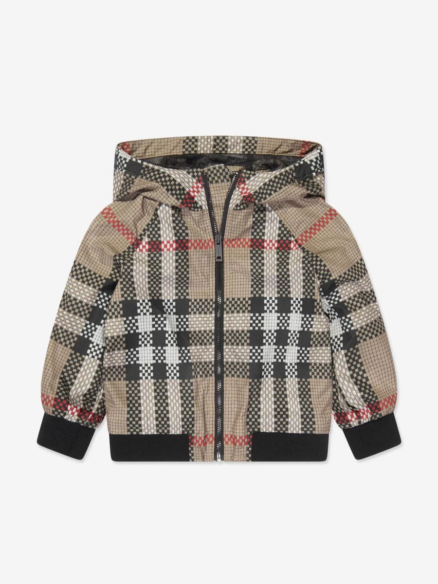 Burberry Kids Baby Boys Mini Troy Zip Up Hoodie in Beige Check Pattern