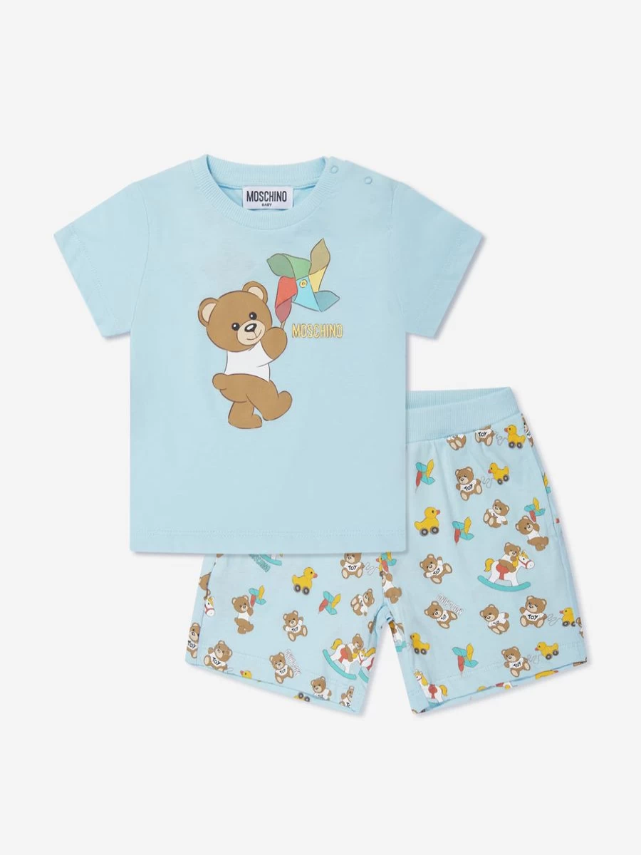 Moschino Kids Boys Blue Teddy Bear Print Shorts Set Baby Outfit