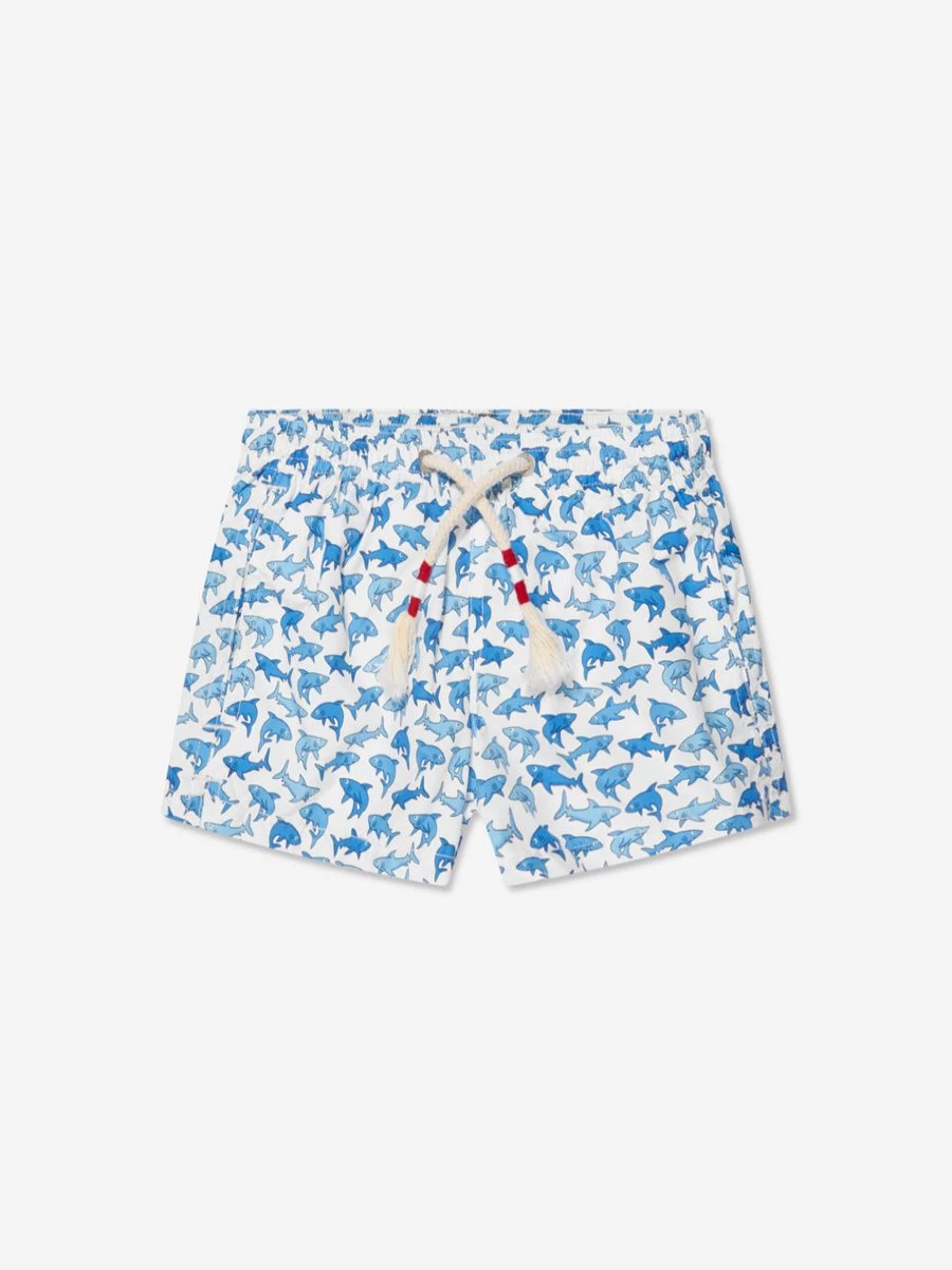 MC2 Saint Barth Teen Boys Shark Print Swim Shorts - White Beachwear