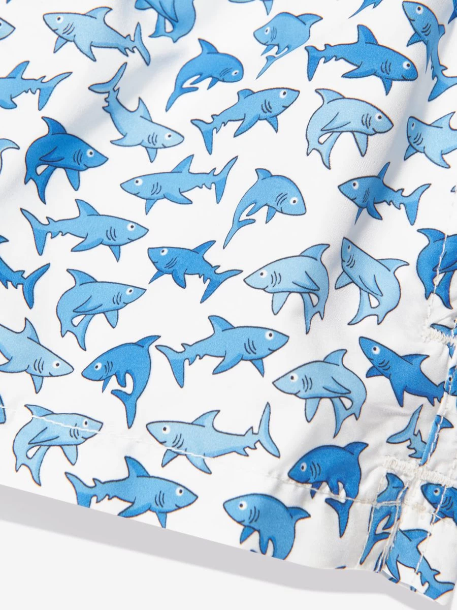 MC2 Saint Barth Teen Boys Shark Print Swim Shorts - White Beachwear