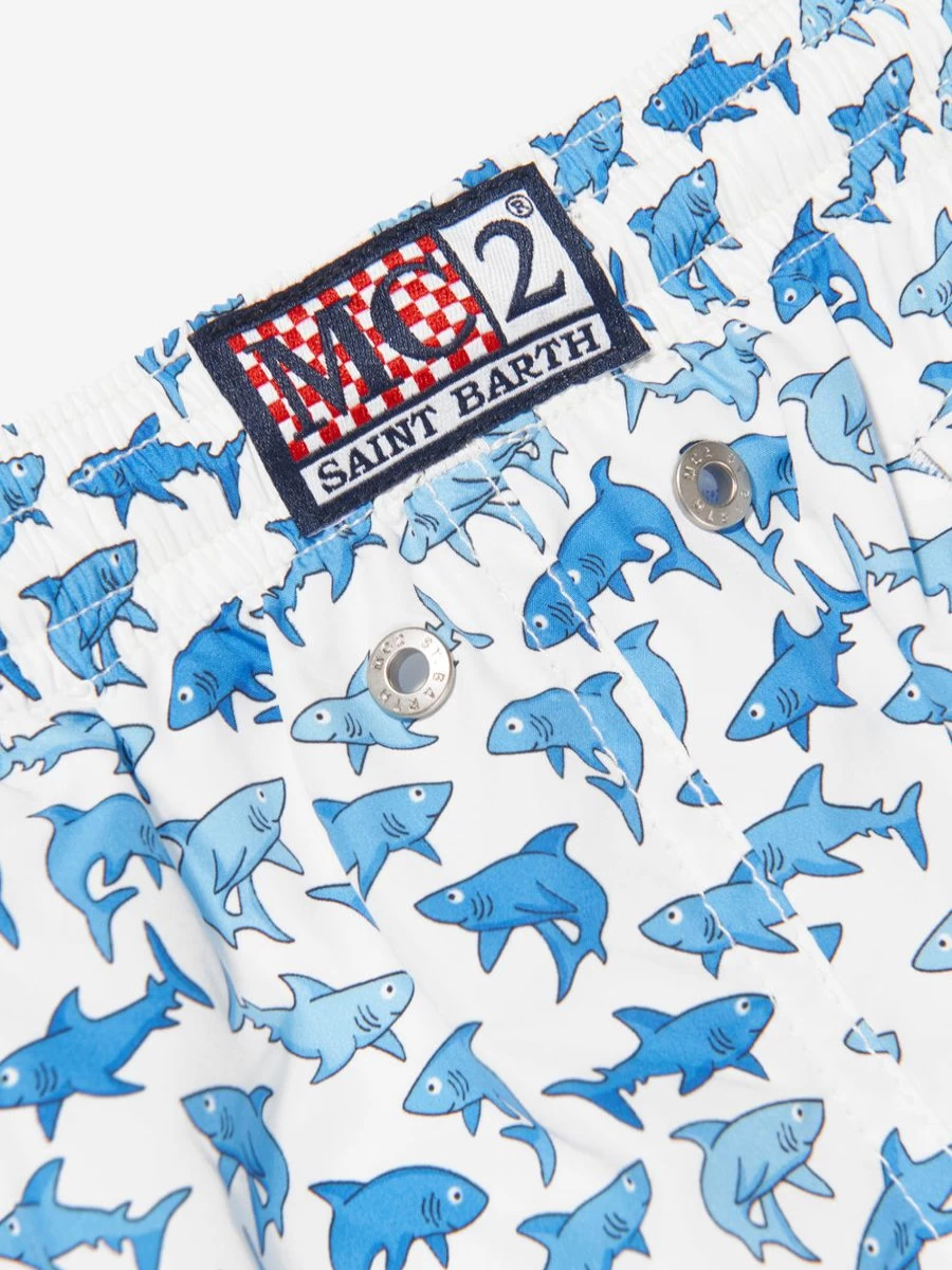 MC2 Saint Barth Teen Boys Shark Print Swim Shorts - White Beachwear