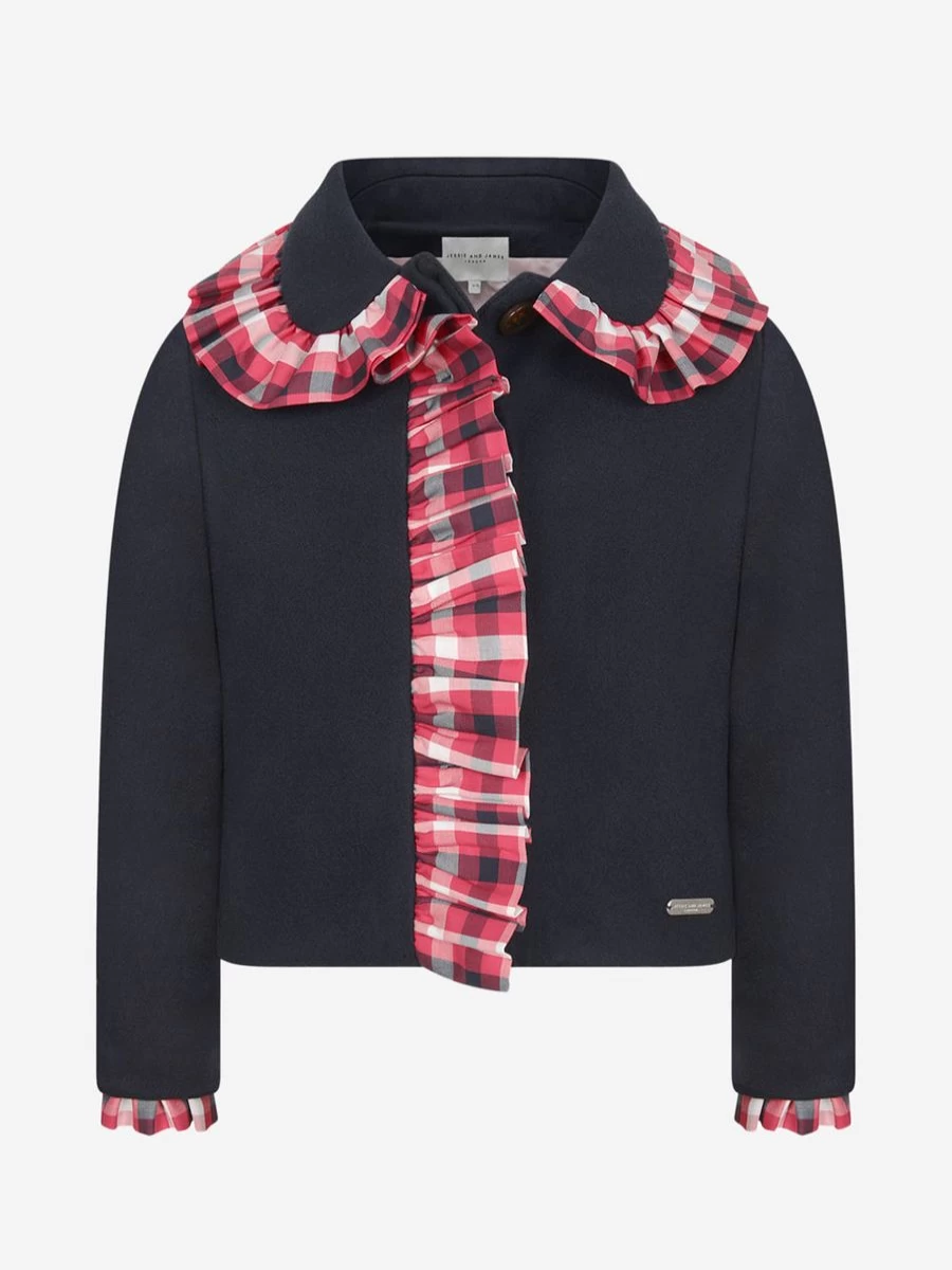 "Jessie And James Girls' Blue & Red Checkered Frilly Denim Jacket"