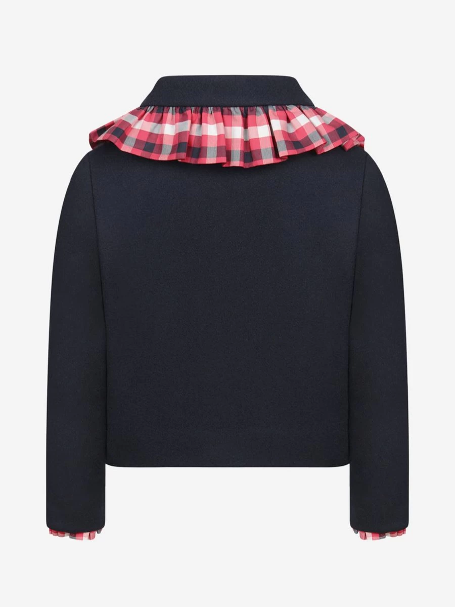 "Jessie And James Girls' Blue & Red Checkered Frilly Denim Jacket"
