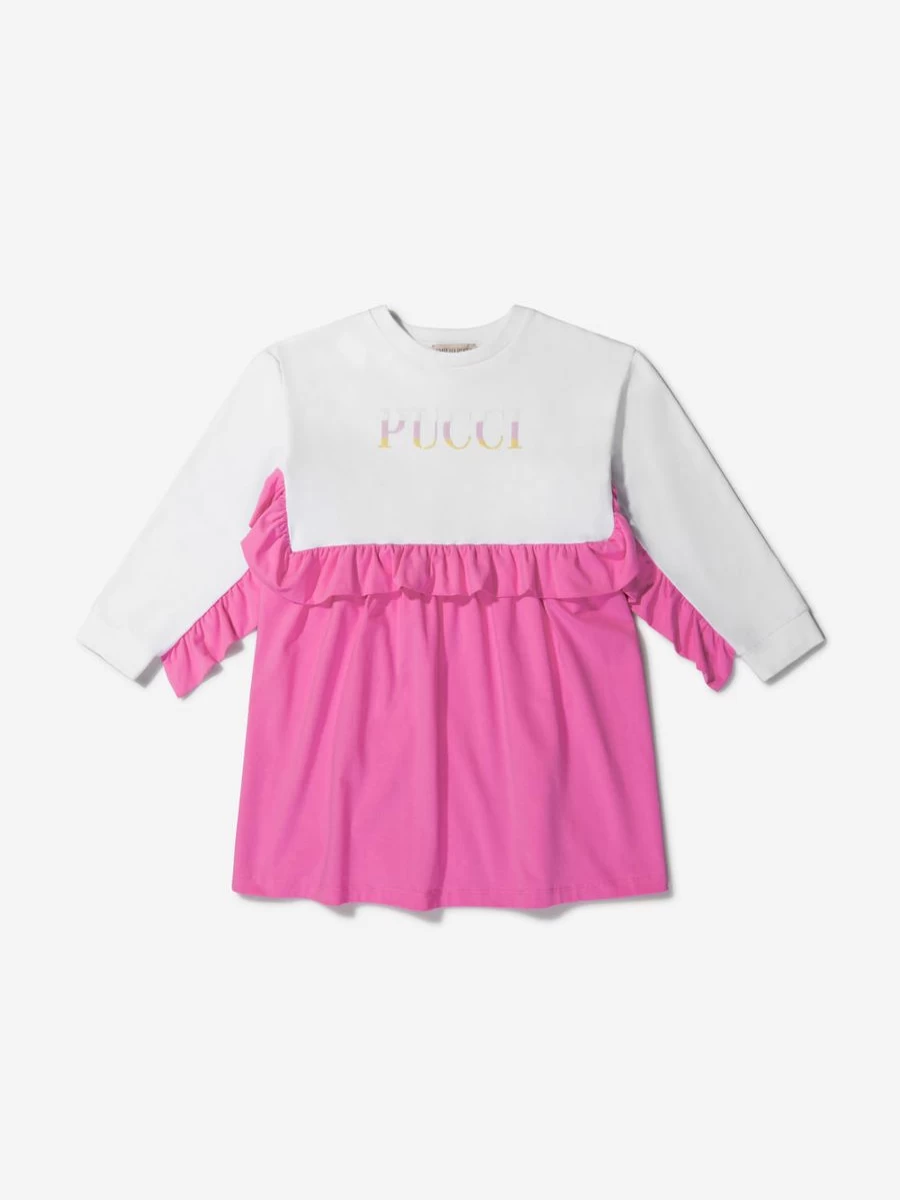 Emilio Pucci Teen Girls Cotton Dress with Ruffle Trim and Logo Design
