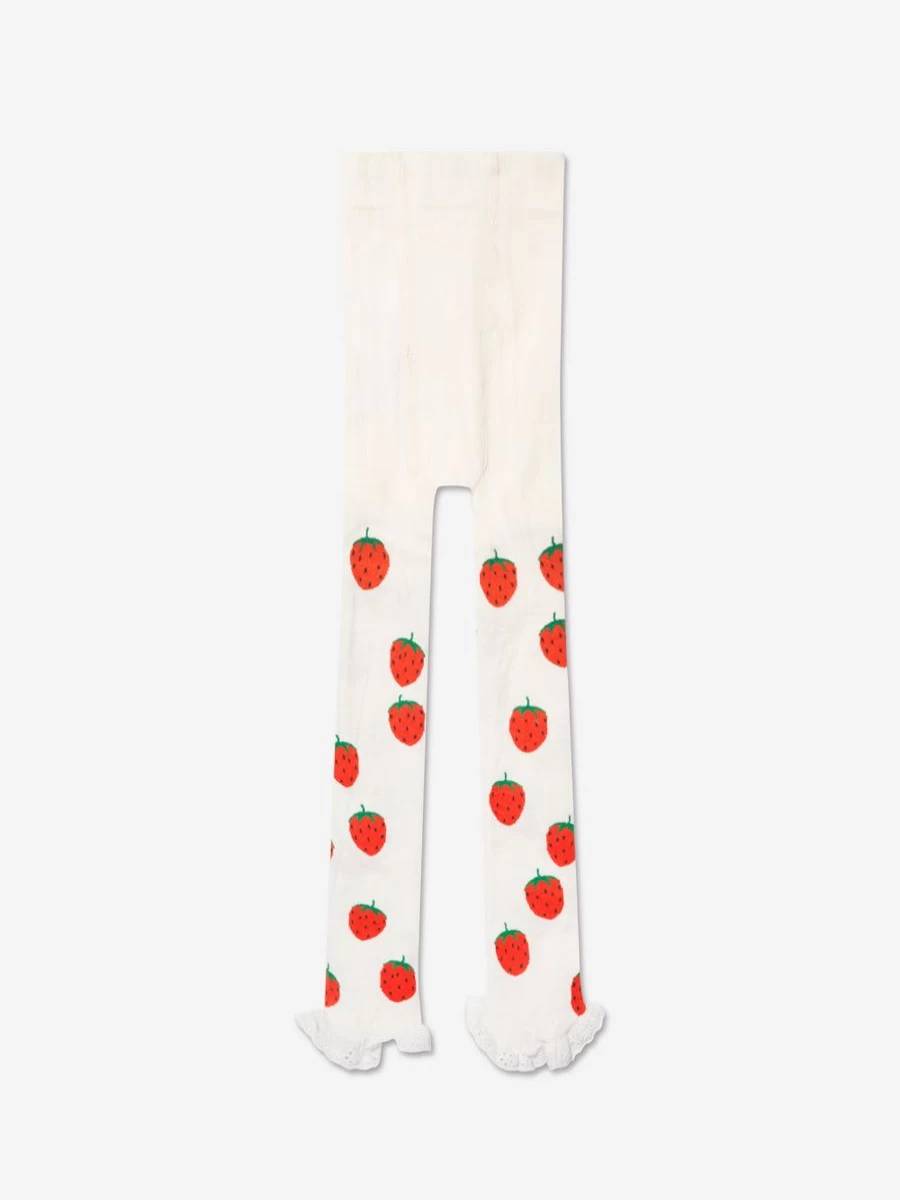 Mini Rodini Girls Ivory Strawberry Print Lace Trim Leggings