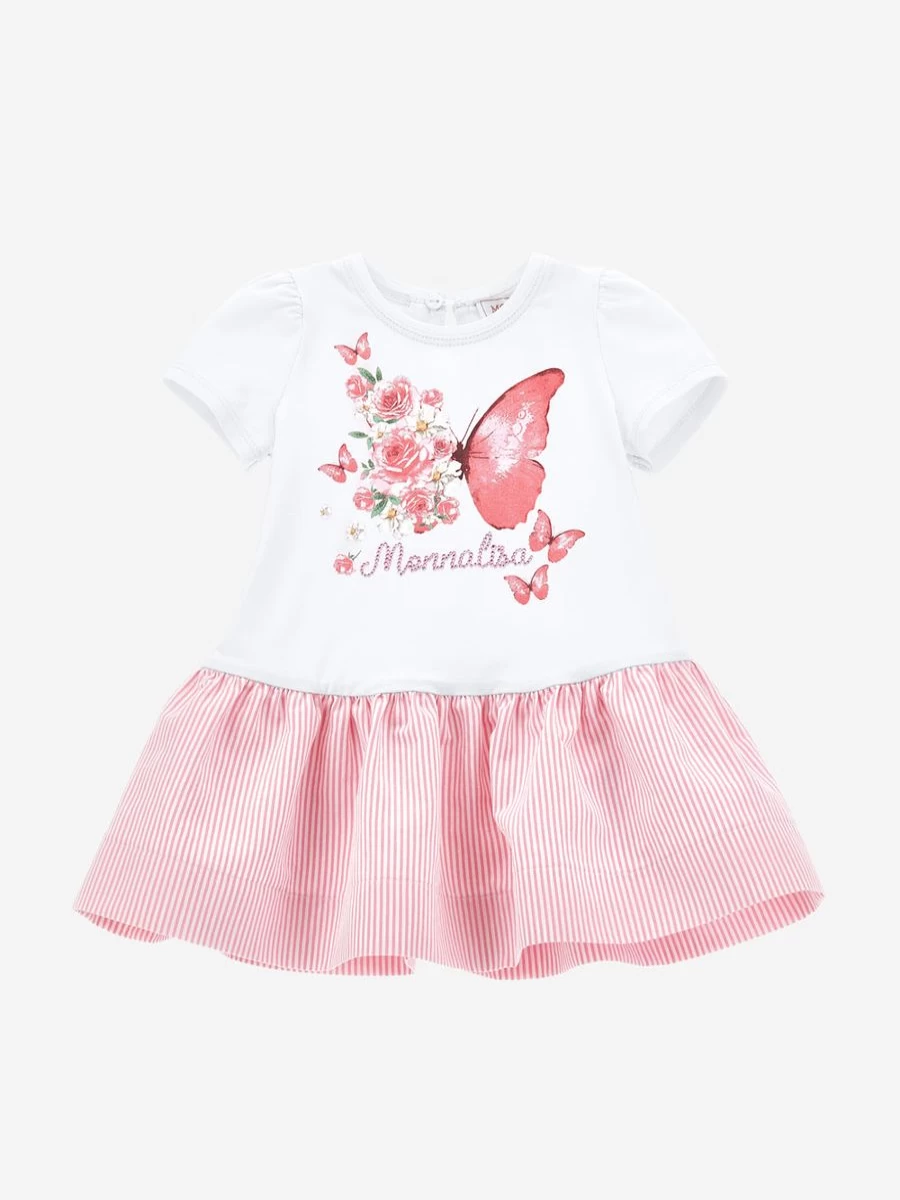 Monnalisa Baby Girls White Floral Butterfly Dress - Elegant Infant Flower Design Outfit