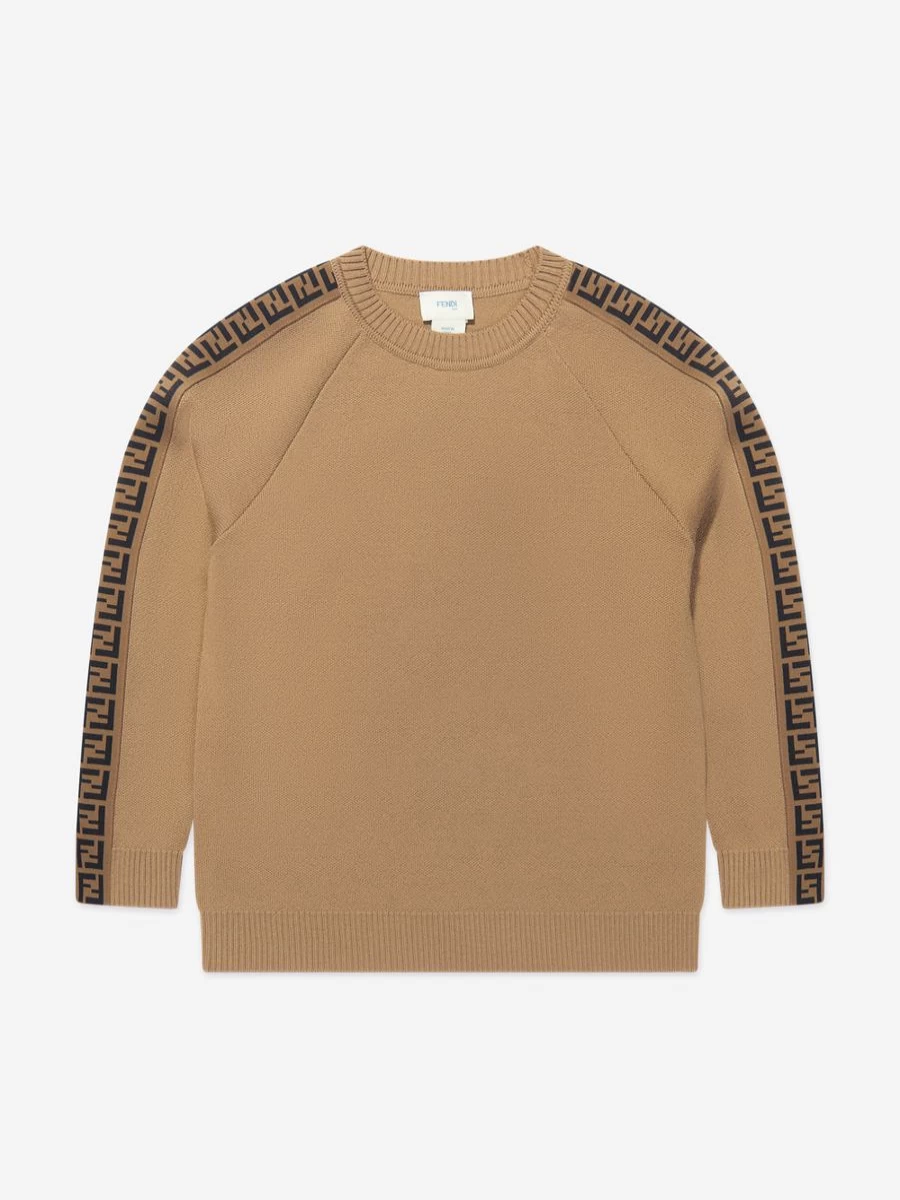 Fendi Kids Boys Brown Knitted Logo Taping Jumper Sweater