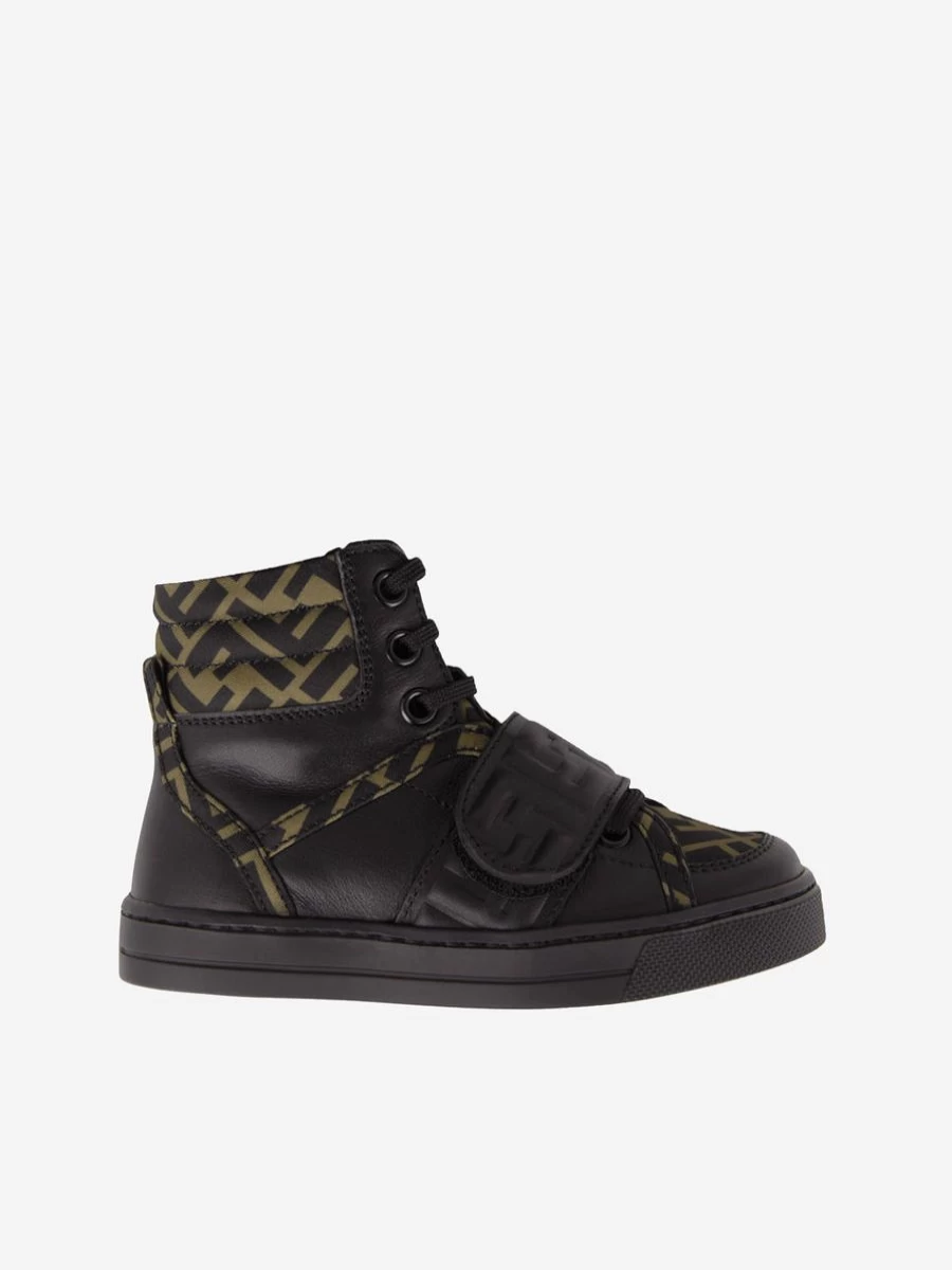 Fendi Kids Boys Black & Brown Leather High Top Sneakers with Logo Detail