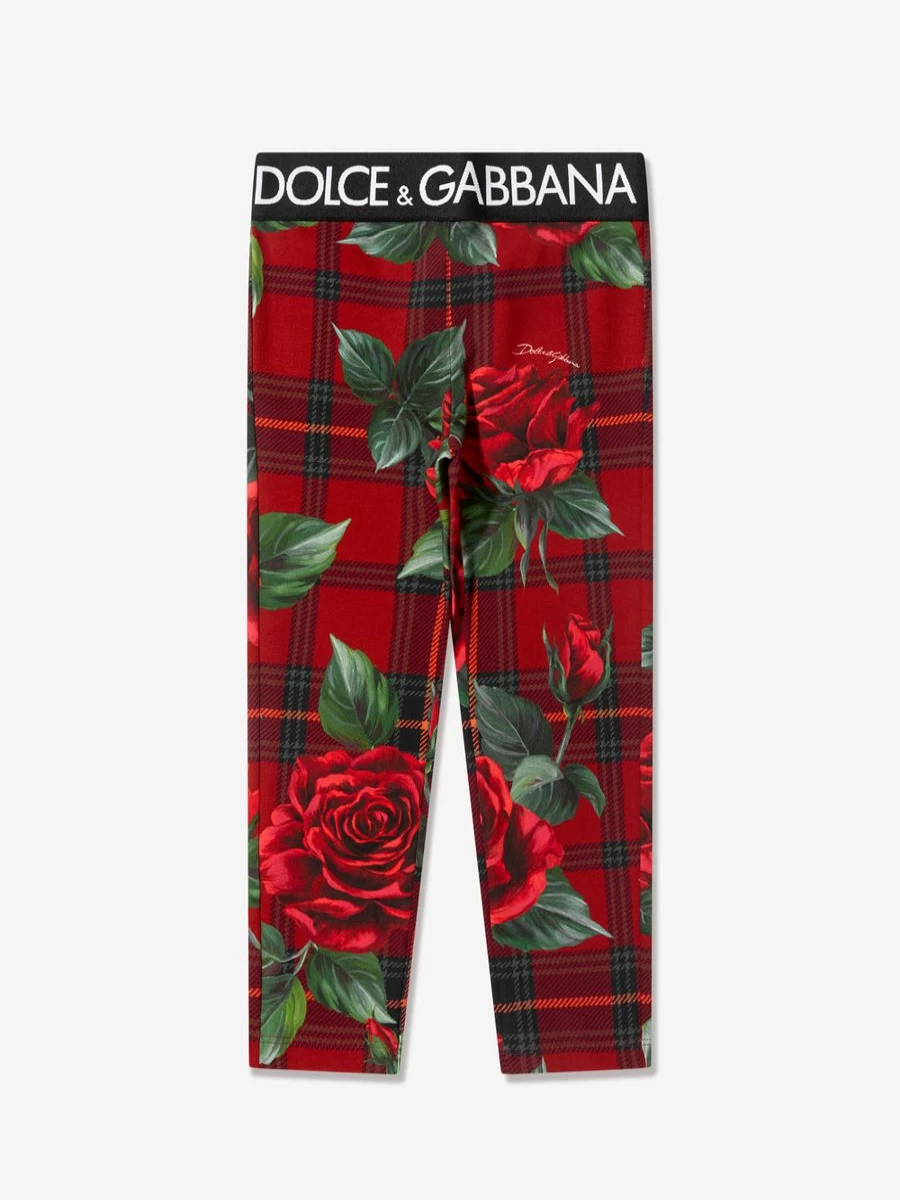 Dolce & Gabbana Kids Girls Red Tartan Rose Print Leggings