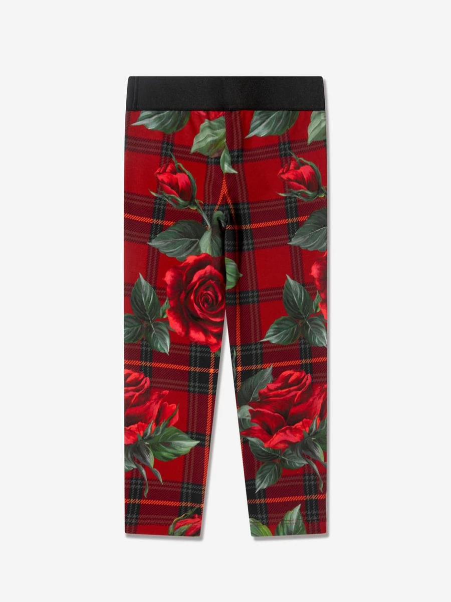 Dolce & Gabbana Kids Girls Red Tartan Rose Print Leggings