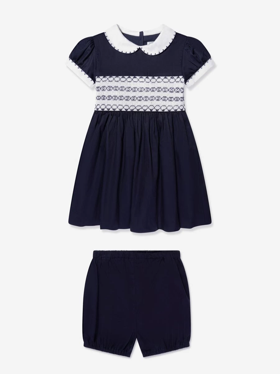 Rachel Riley Navy Smocked Dress & Bloomers Set for Baby Girls - Classic Elegant Outfit