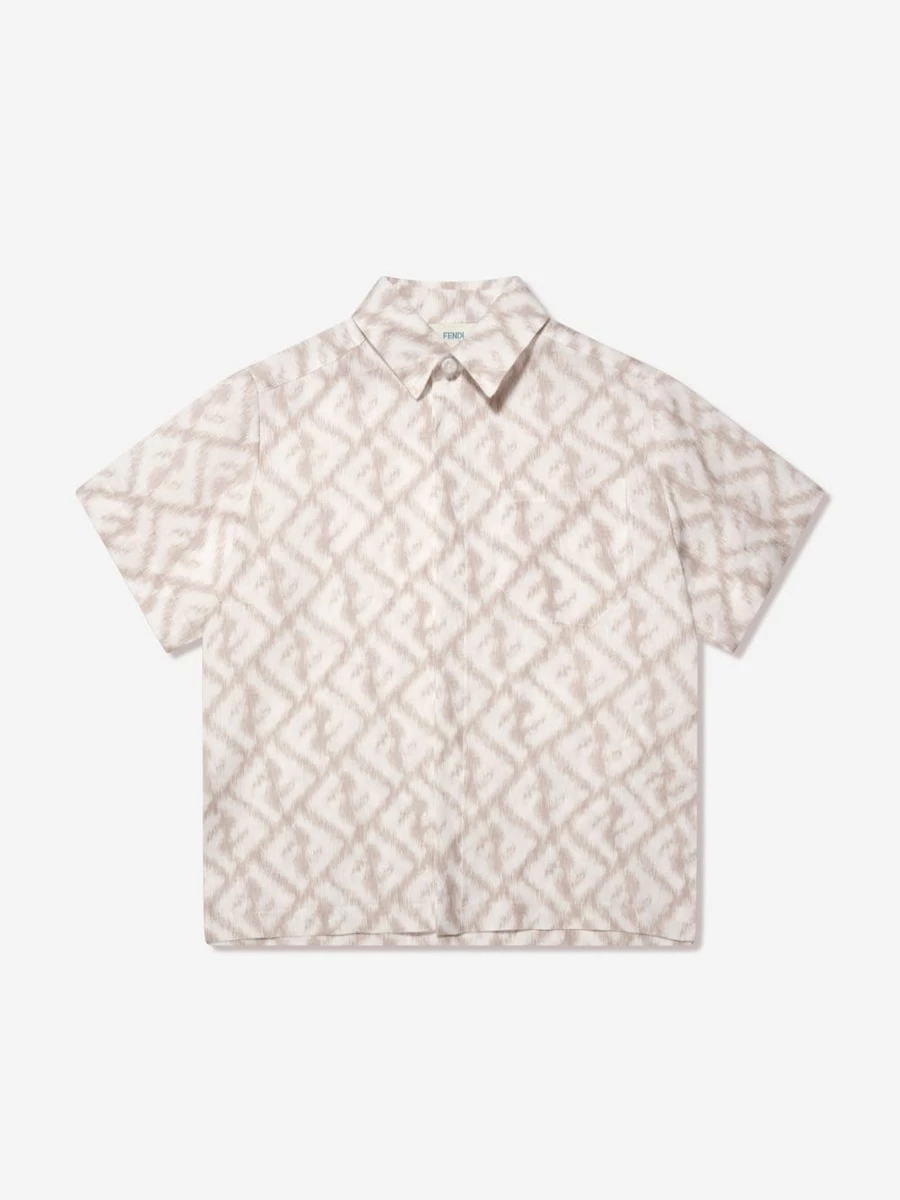 Fendi Kids Boys Ivory Linen Short Sleeve Shirt with Logo