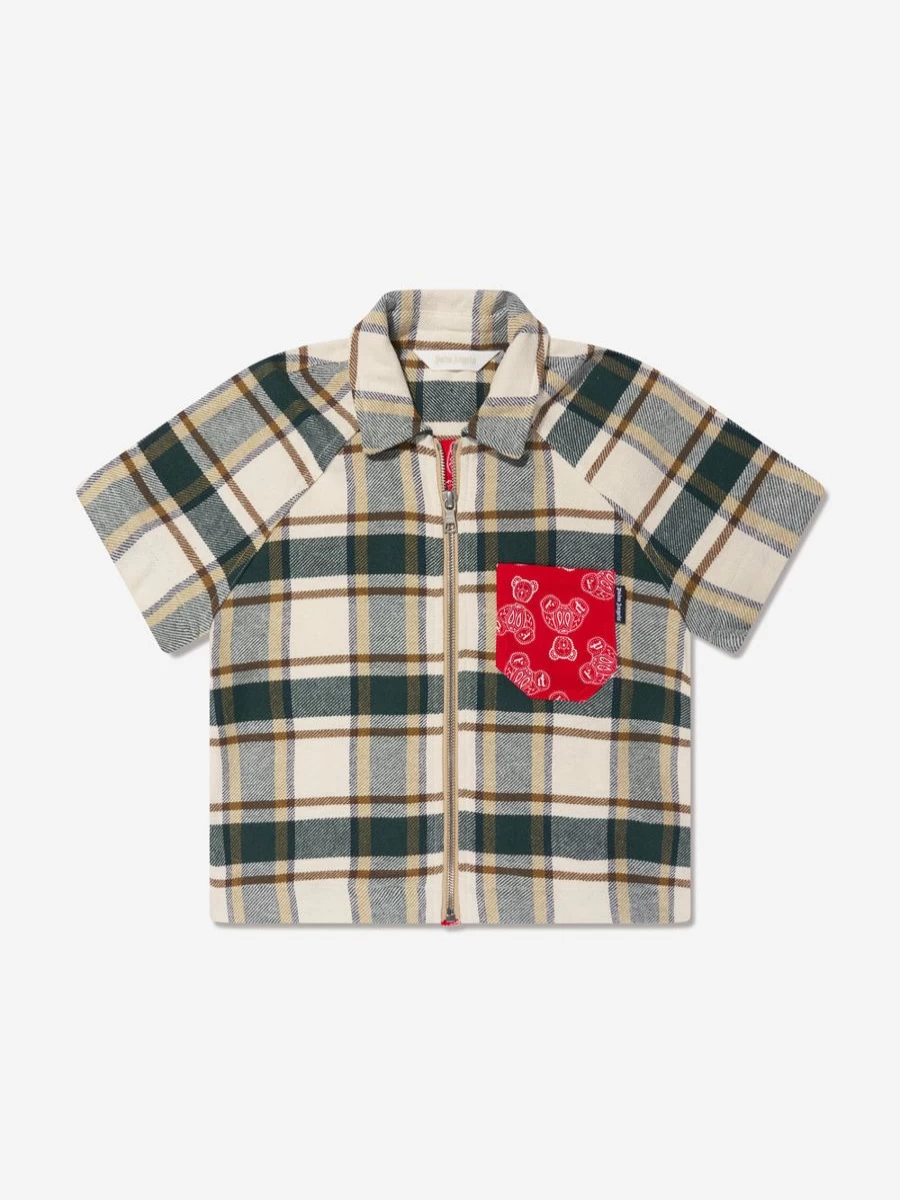 Palm Angels Boys Green Checkered Bear & Paisley Print Shirt