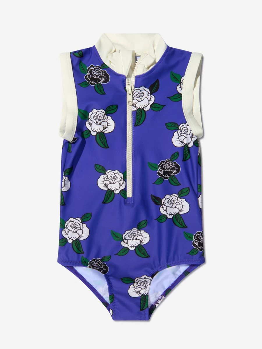 Mini Rodini Girls Rose Print Zip Up Swimsuit | Floral Swimwear for Toddlers