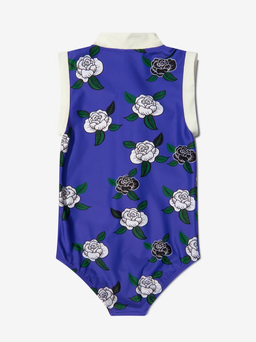 Mini Rodini Girls Rose Print Zip Up Swimsuit | Floral Swimwear for Toddlers