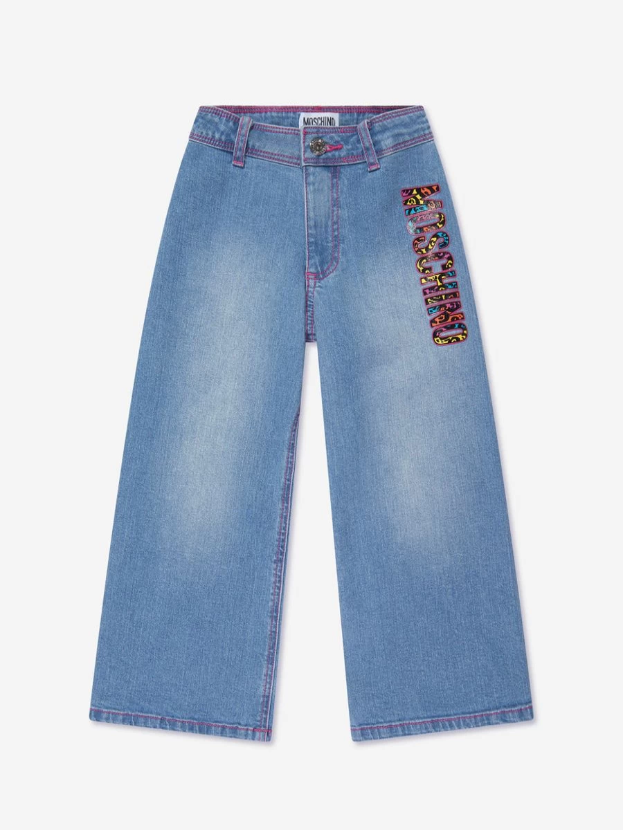 Moschino Kids Girls Blue Wide Leg Embroidered Logo Denim Jeans