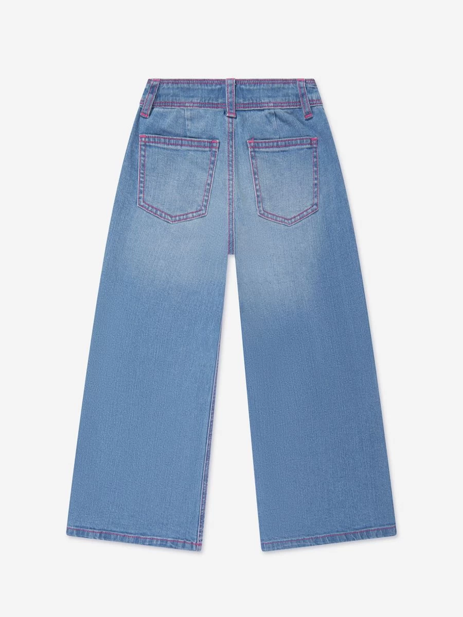 Moschino Kids Girls Blue Wide Leg Embroidered Logo Denim Jeans