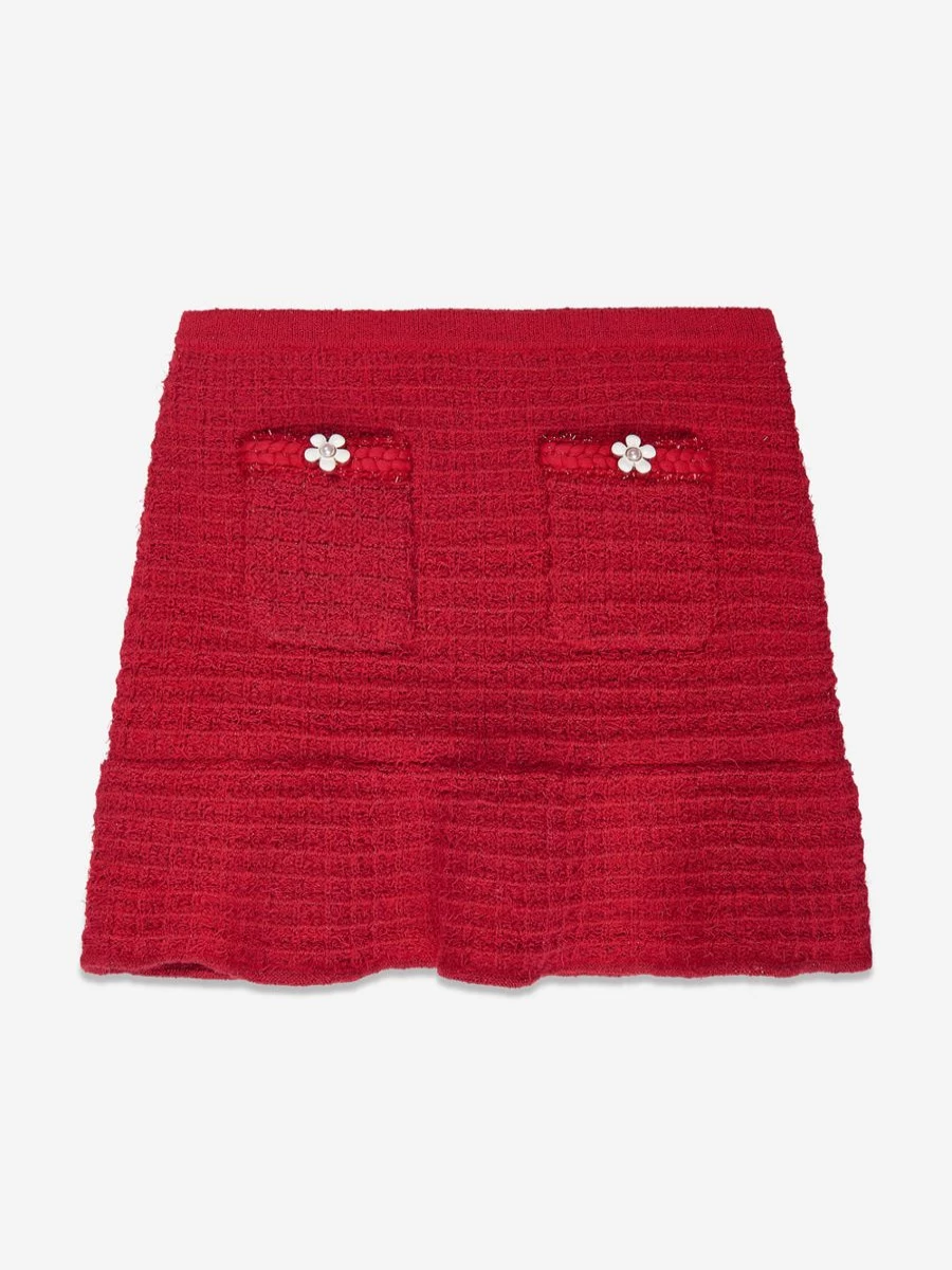 Self Portrait Red Textured Knit Skirt for Girls - Elegant A-Line Design