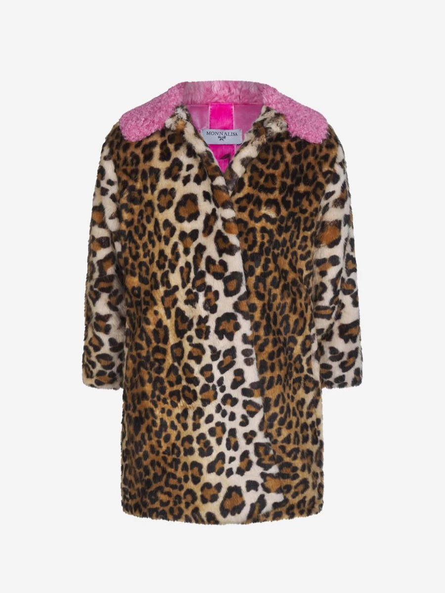 Monnalisa Girls' Faux Fur Coat with Stylish Print - Warm Winter Jacket for Girls