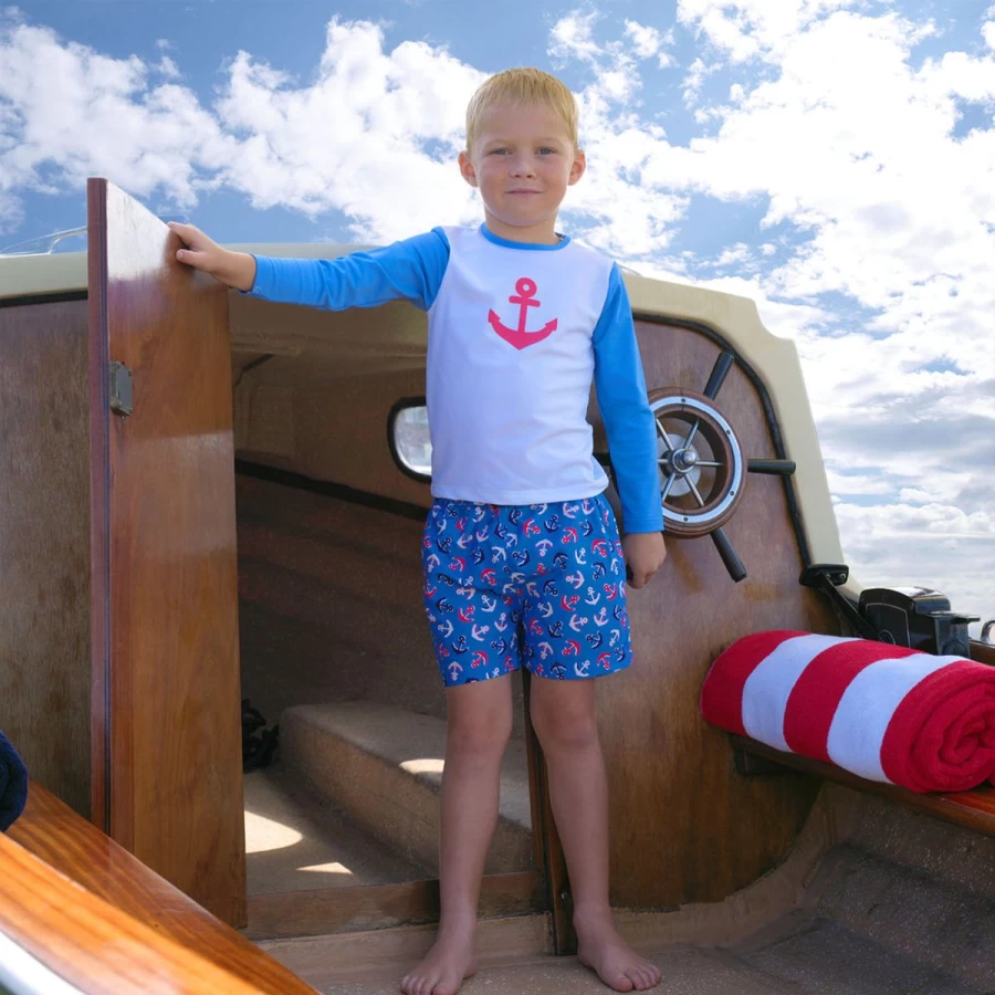 Rachel Riley Boys' Blue Anchor Print Swim Shorts – Quick-Dry Children's Beachwear