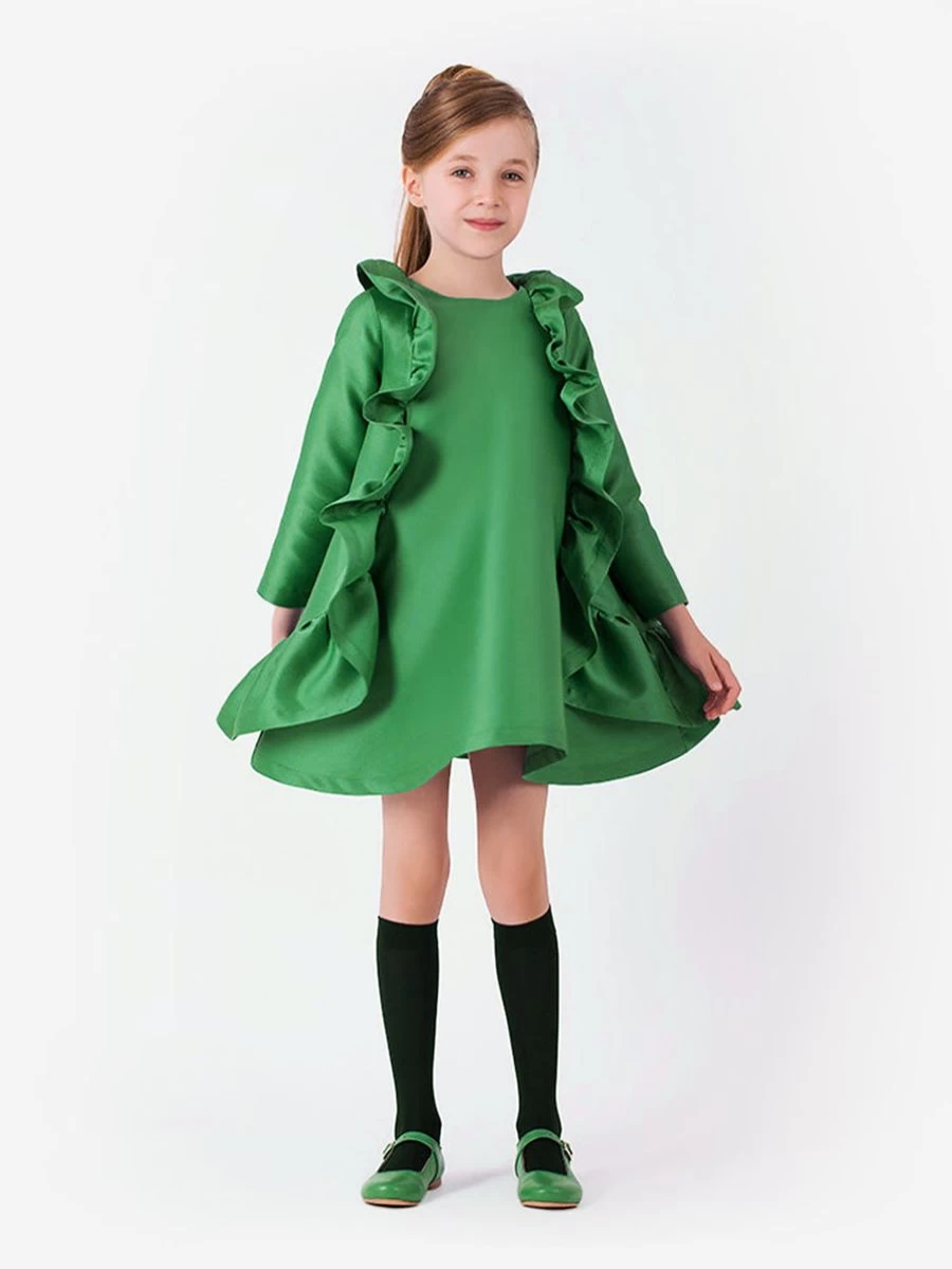 Mama Luma Teen Girls Green Flared Ruffles Dress - Elegant & Stylish Party Outfit