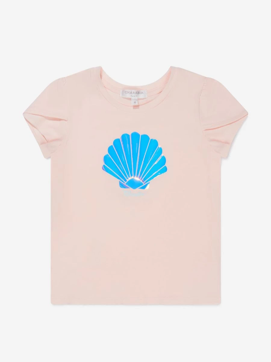 Charabia Girls Cotton Shell Print Graphic Tee - Cute Summer T-Shirt for Toddler & Little Kids