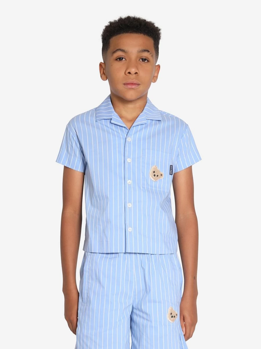Palm Angels Boys Blue Striped Mini Bear Bowling Shirt