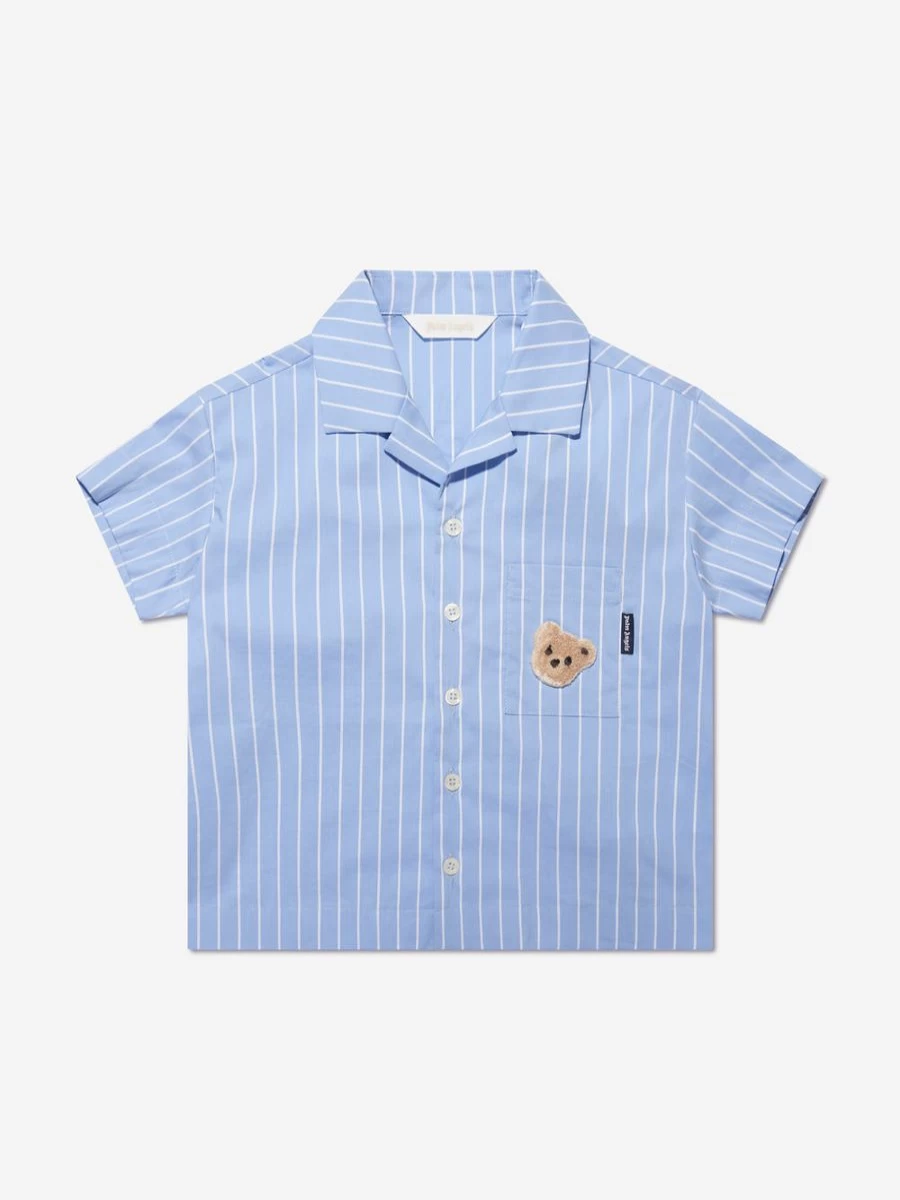 Palm Angels Boys Blue Striped Mini Bear Bowling Shirt